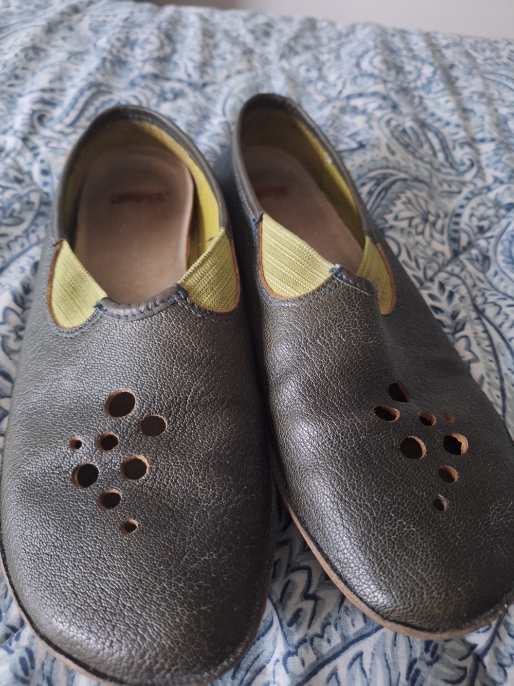 Camper Olive Slip-On Leather Flats with Yellow Accents